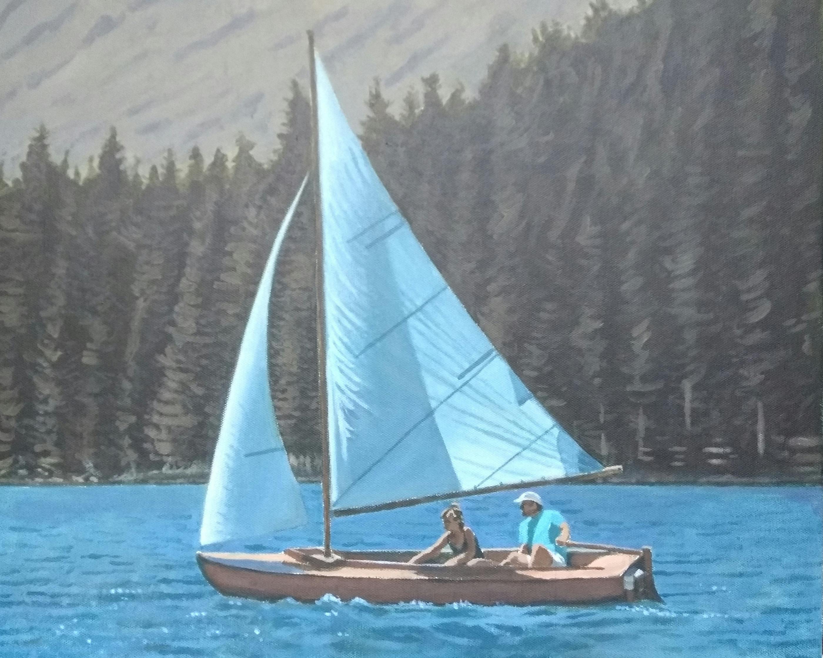 A painting of a sailing boat on a lake with two figures inside and pine trees in the background