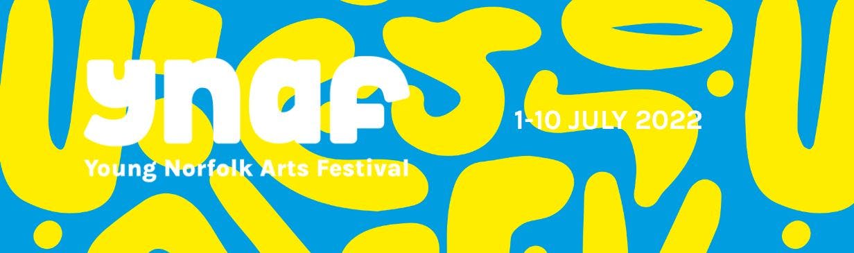 A blue and yellow abstract banner with the Young Norfolk Arts Festival logo and dates 1-10 July 2022
