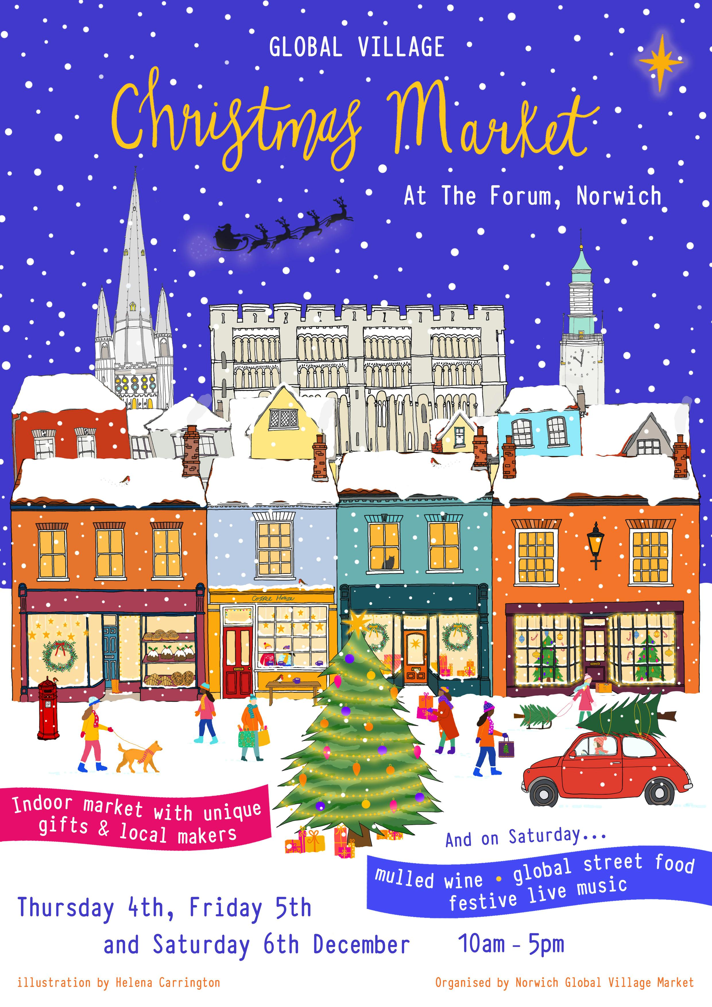 A silhouette of Father Christmas and his reindeer flying above Norwich on a starry night.