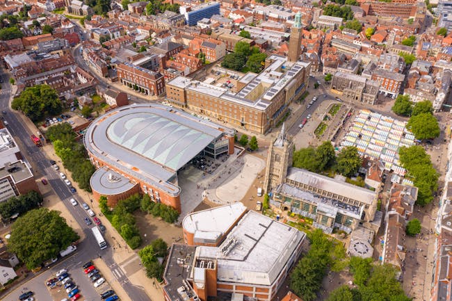An aerial shot of The Forum, a modern building in the historic centre of Norwich.