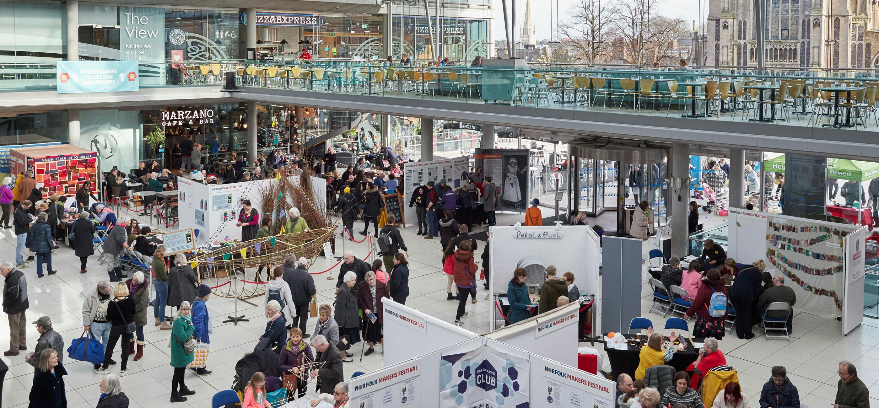 A large craft event with exhibitions and activities in The Atrium at The Forum, Norwich.