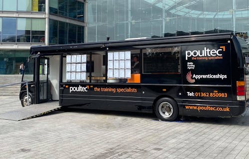 A picture of the Poultec Training bus outside The Forum, Norwich