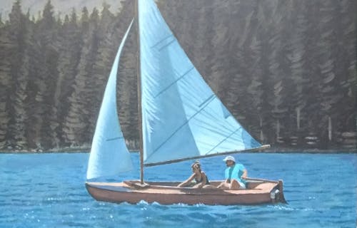 A painting of a sailing boat on a lake with two figures inside and pine trees in the background