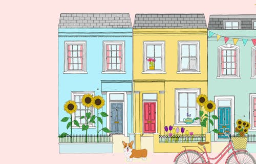 An illustration of a colourful terraced street with sunflowers, tulips and bunting.