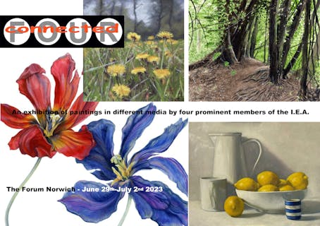 Paintings of flowers, a still life and woodland scene.