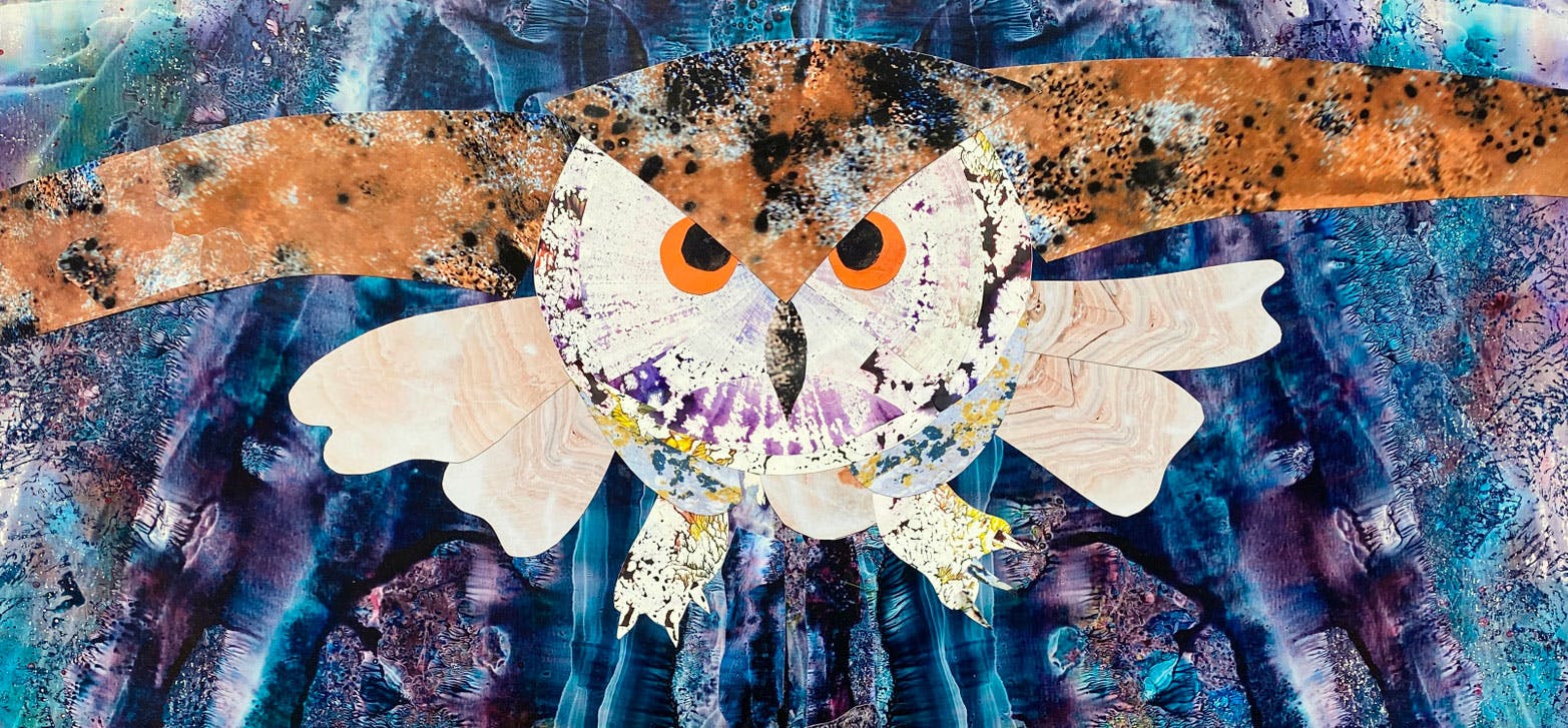 A colourful collage of an owl in flight by Richard Newby