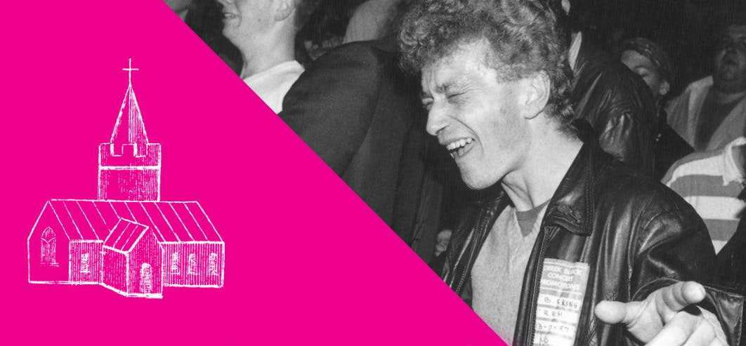 Illustration of a Norwich Church and a black and white archive photo of a person dancing in a leather jacket