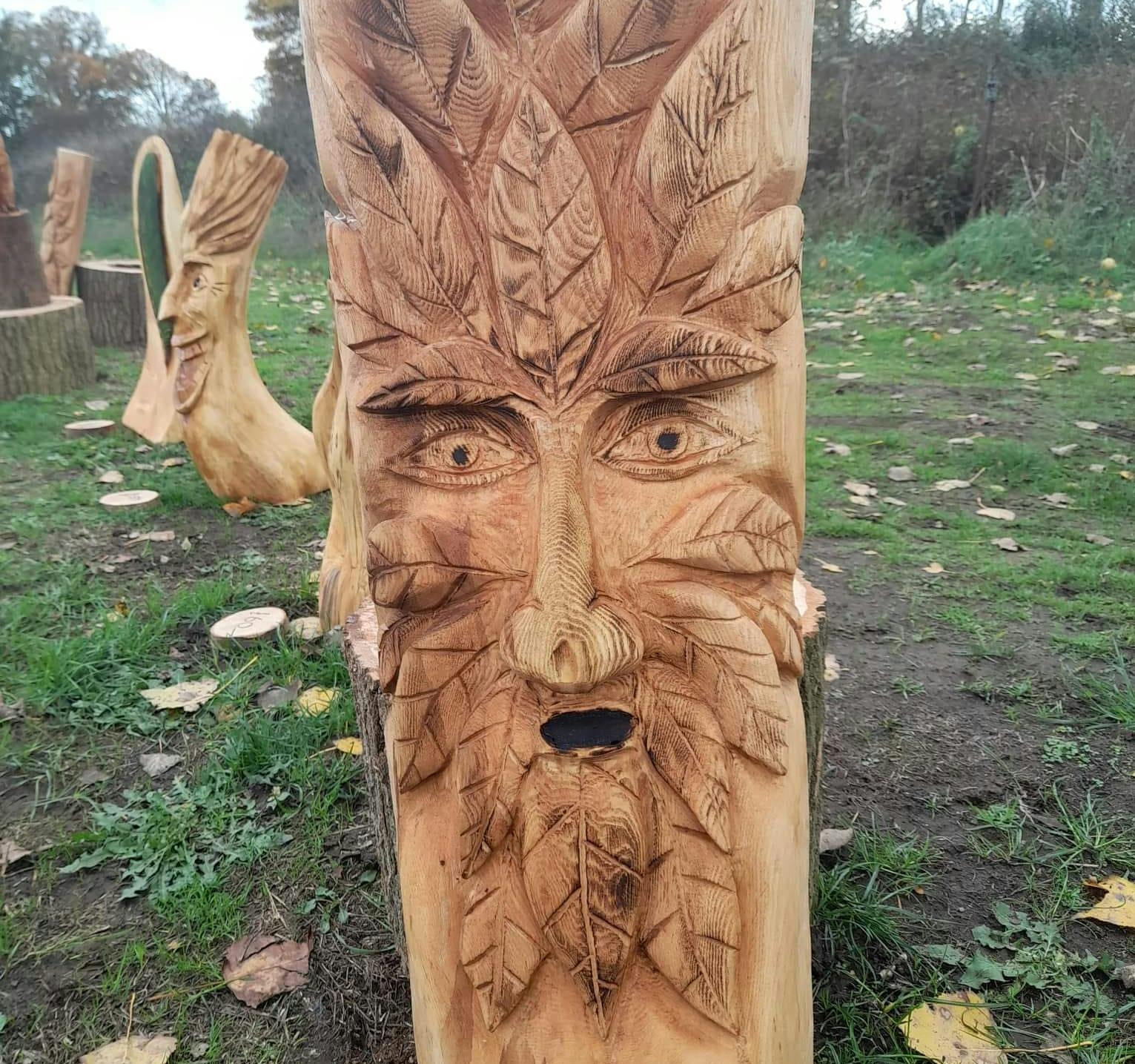 a face carved into a tree trunk