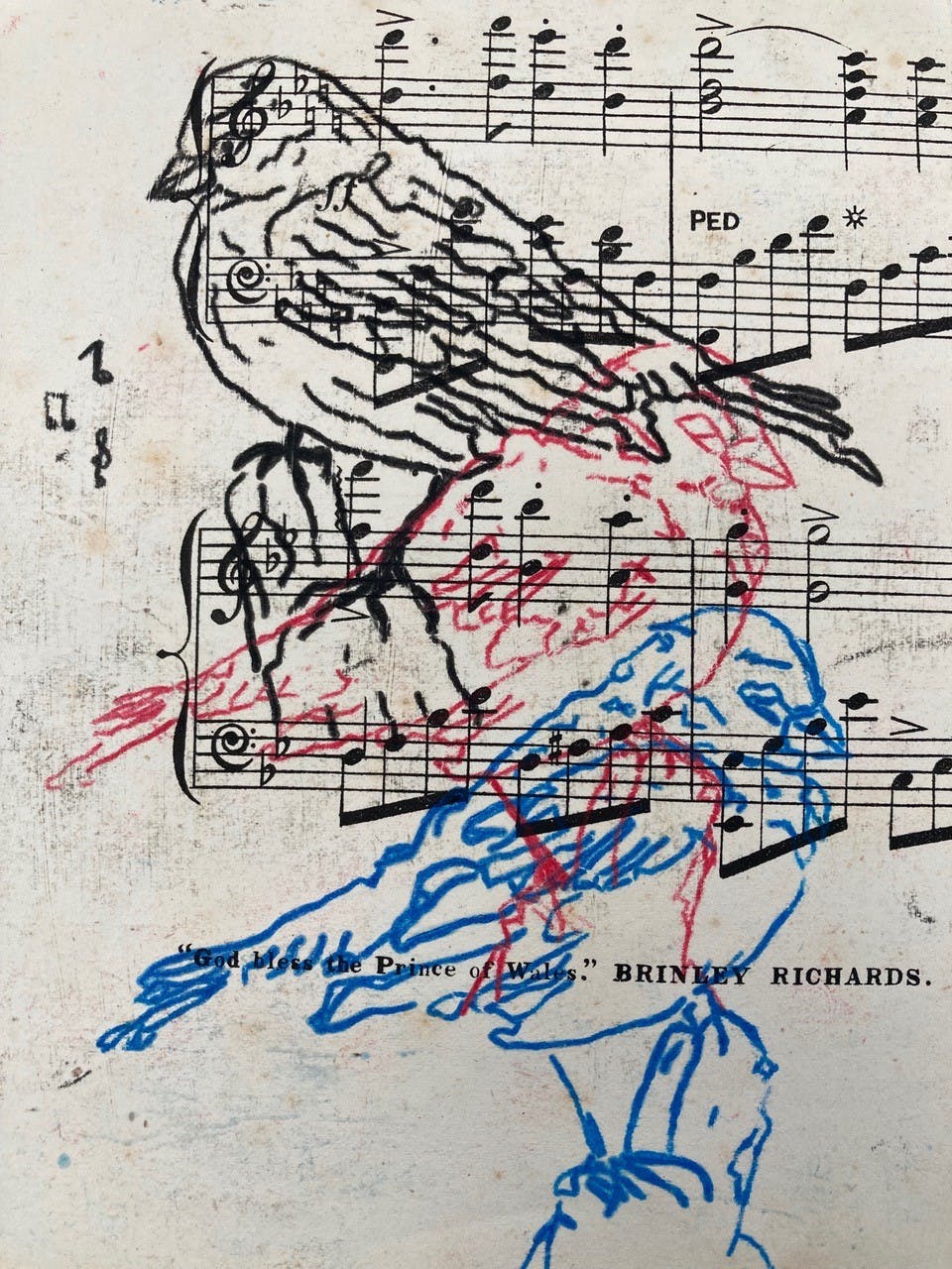 Gelli plate print of bird on music sheet