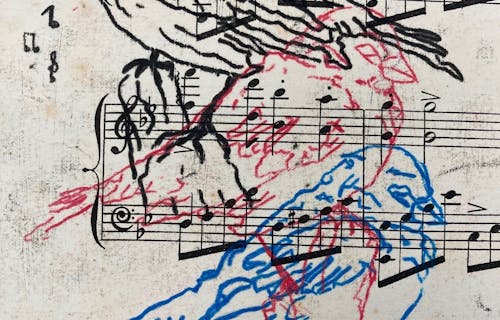 Gelli plate print of bird on music sheet