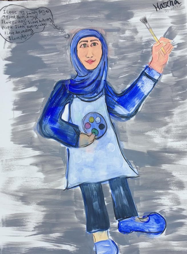 painting of a woman in a blue hijab