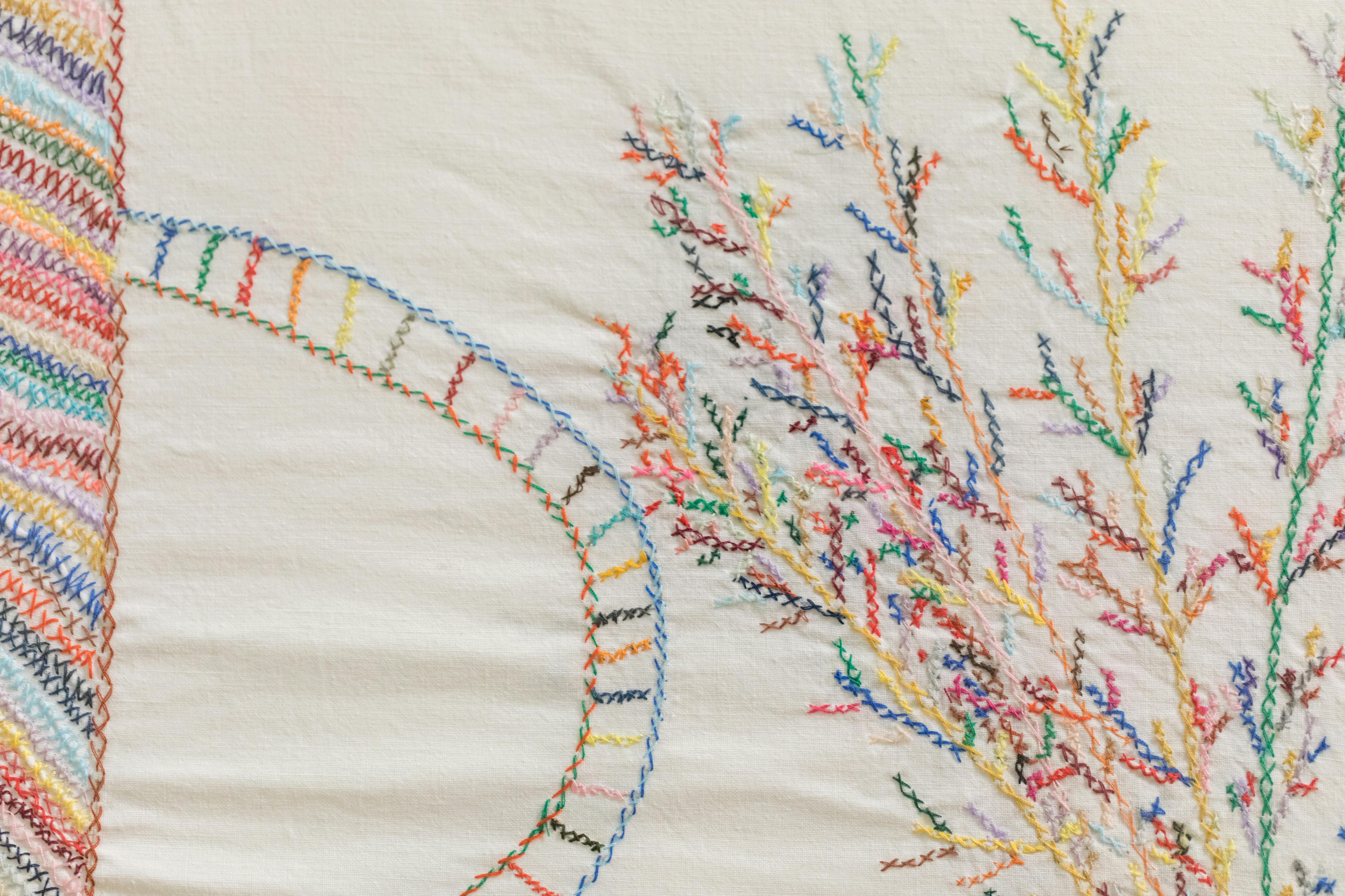 colourful cross stitches on a linen cloth