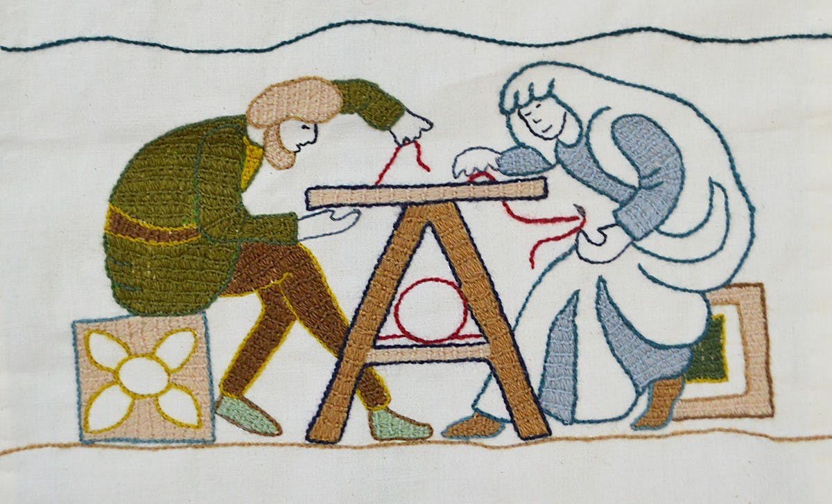 medieval style stitched picture of people sewing