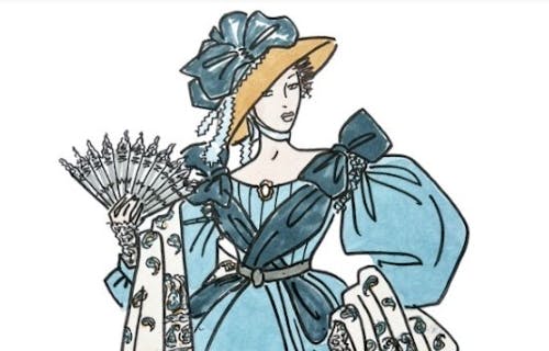 Illustration of woman with fan in historical costume.