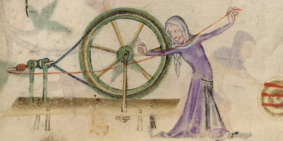 Medieval painting of woman using spinning wheel