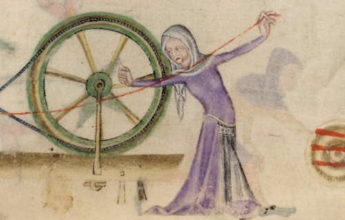 Medieval painting of woman using spinning wheel