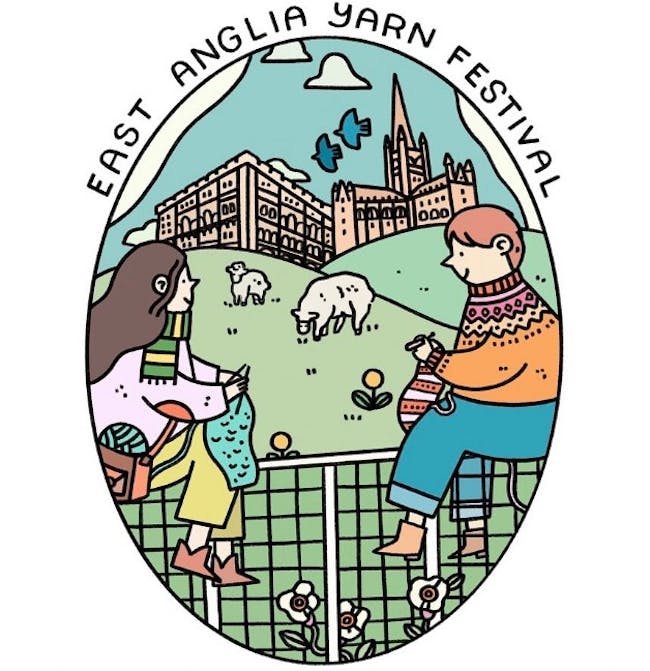 East Anglia Yarn Festival written above cartoon of two people knitting
