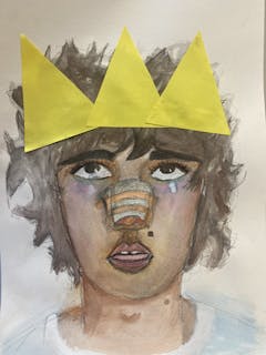 Painting of a person's face wearing a bright yellow collage crown with a bandage on their nose.