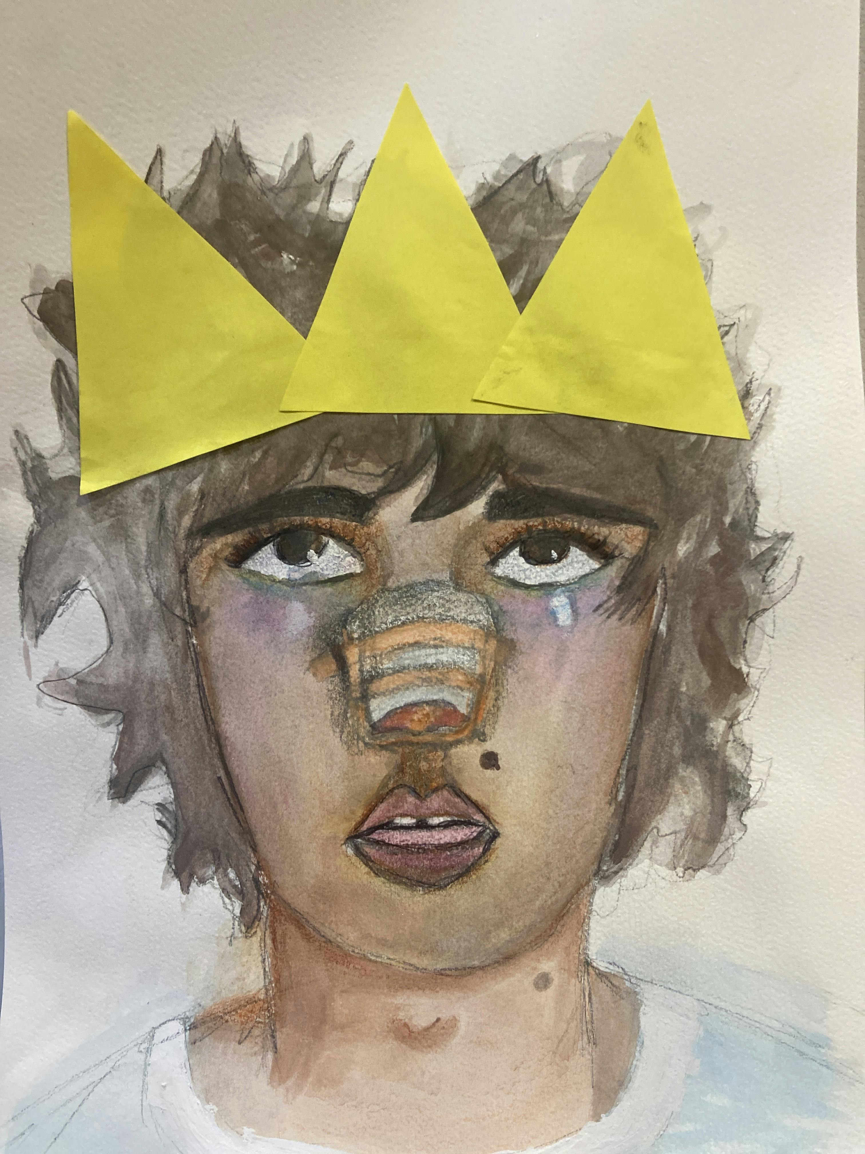 Painting of a person's face wearing a bright yellow collage crown with a bandage on their nose.