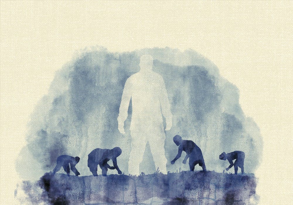 blue watercolour of giant white man standing over darker smaller figures