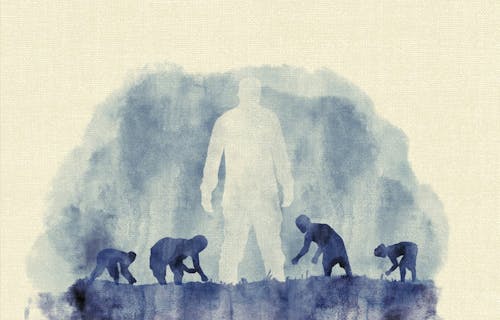 blue watercolour of giant white man standing over darker smaller figures