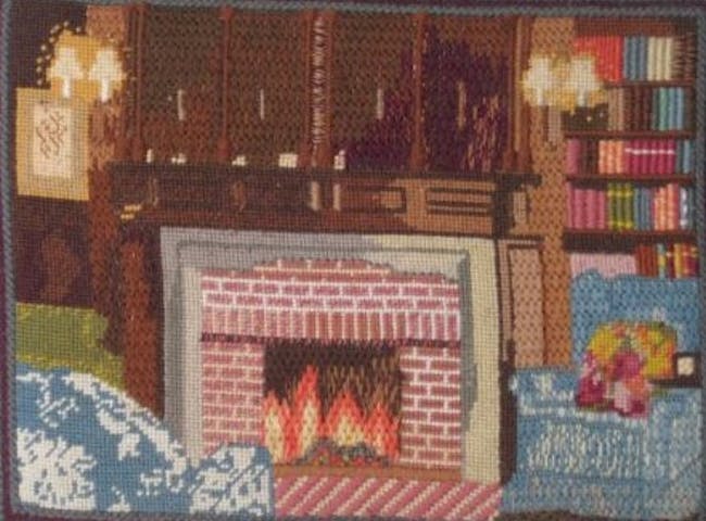 Embroidered kneeler with fireplace and chair design