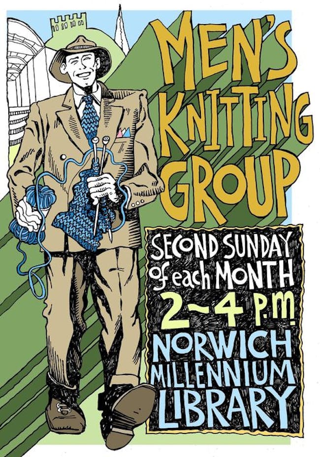 Cartoon of man holding knitting