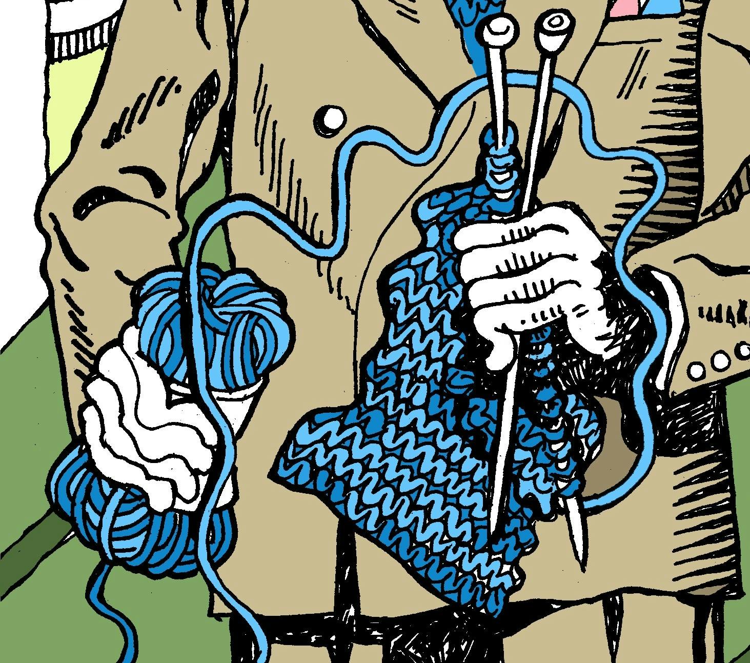 cartoon of mans hands holding knitting