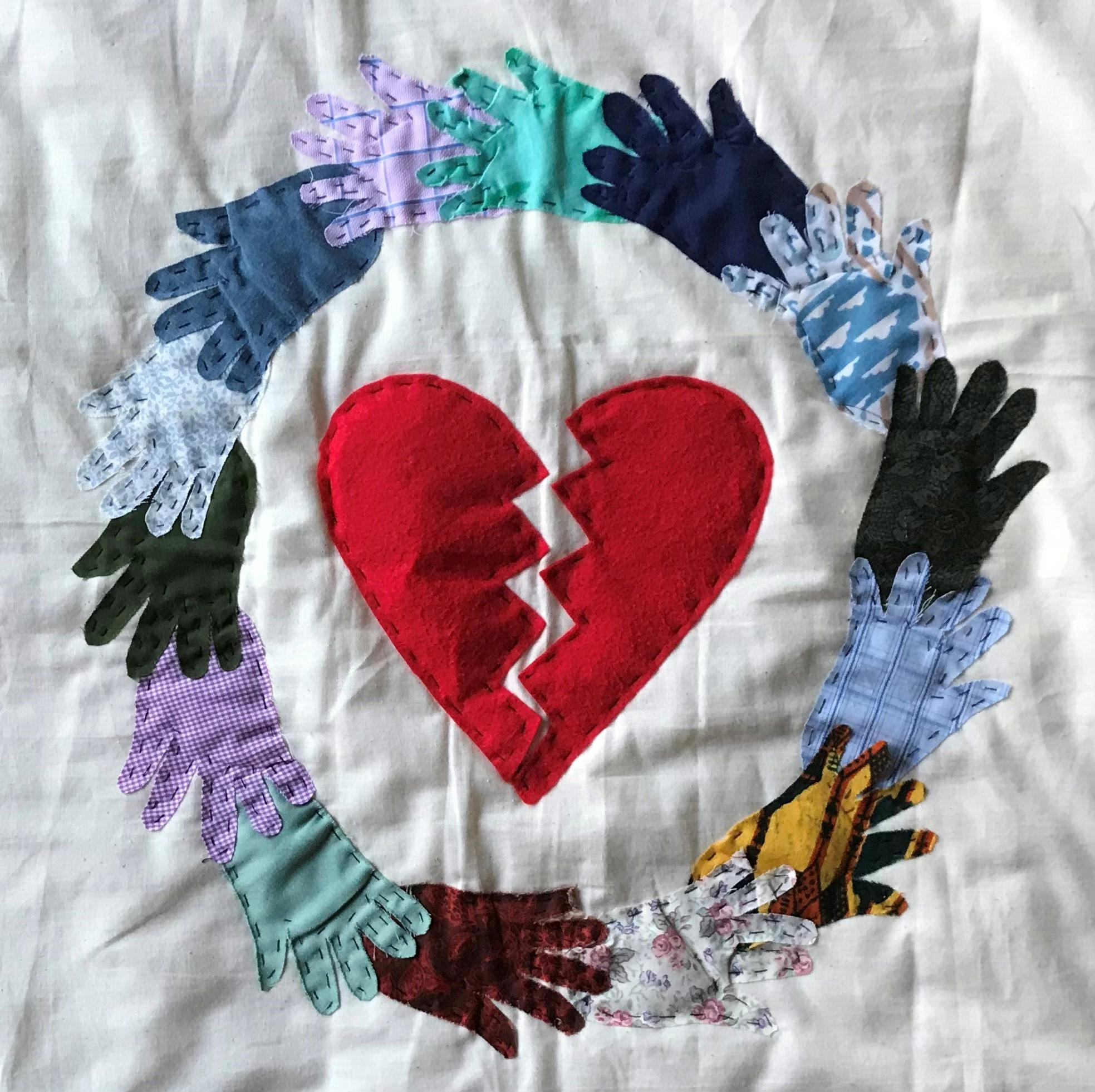 A stitched collage of hands and a broken heart