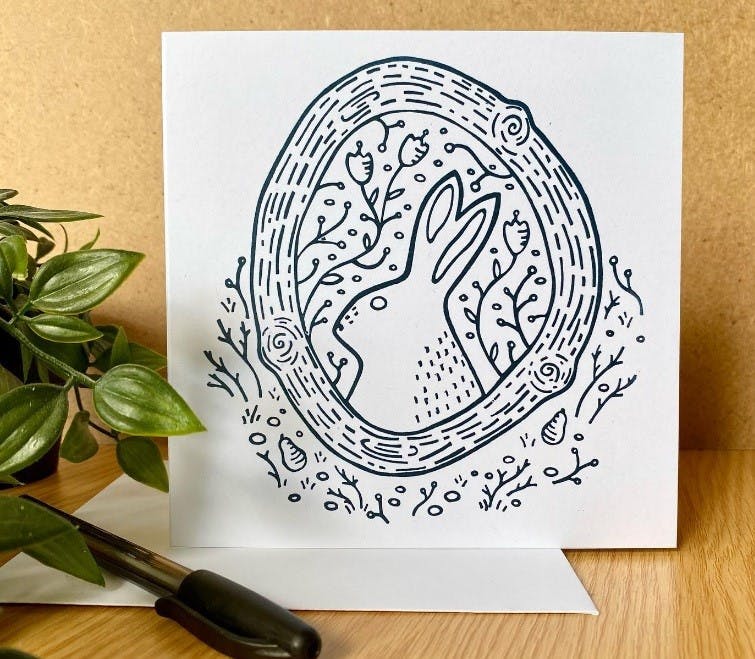 Linocut print of a cartoon rabbit