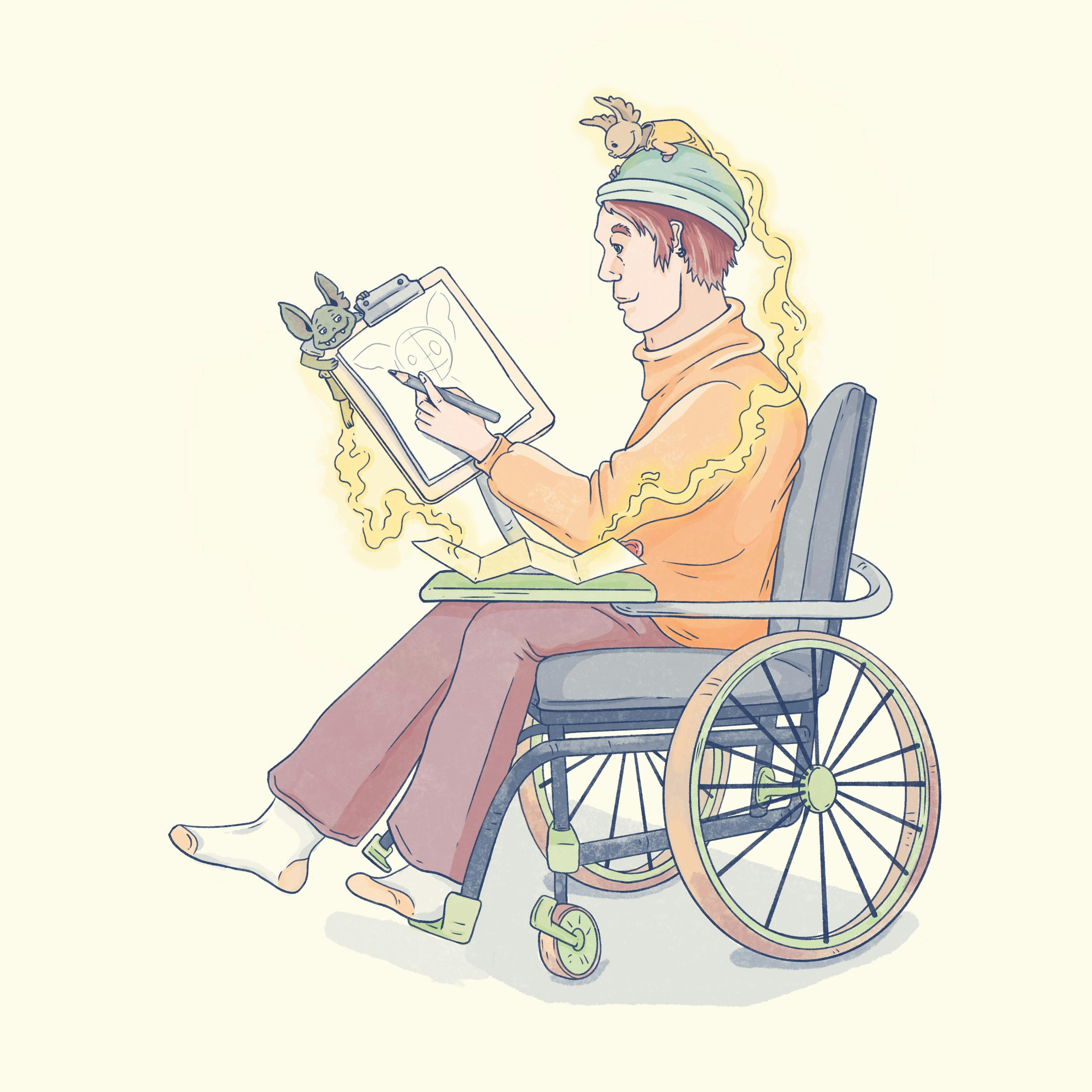 cartoon character in a wheelchair, drawing on paper