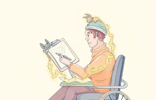 cartoon character in a wheelchair, drawing on paper