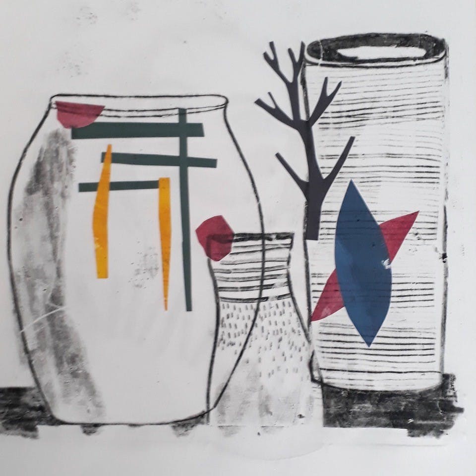 2D prints of jars overlaid with prints of leaves and twigs