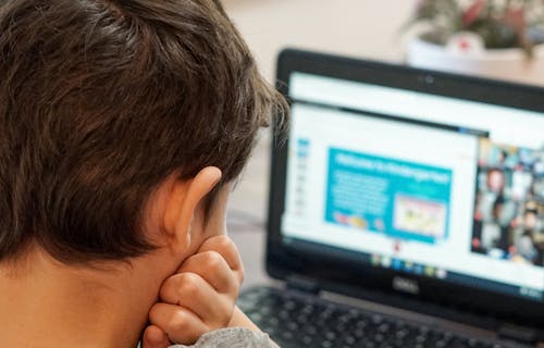 A child looks at a website on a laptop
