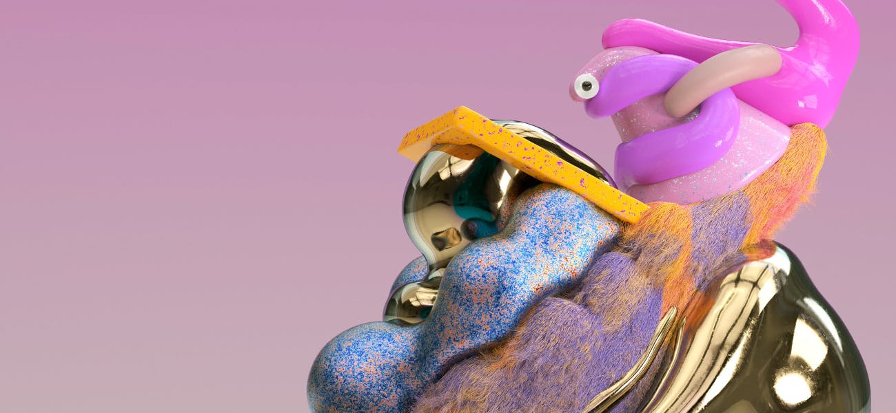 An abstract 3D image, brightly coloured and full of different textures