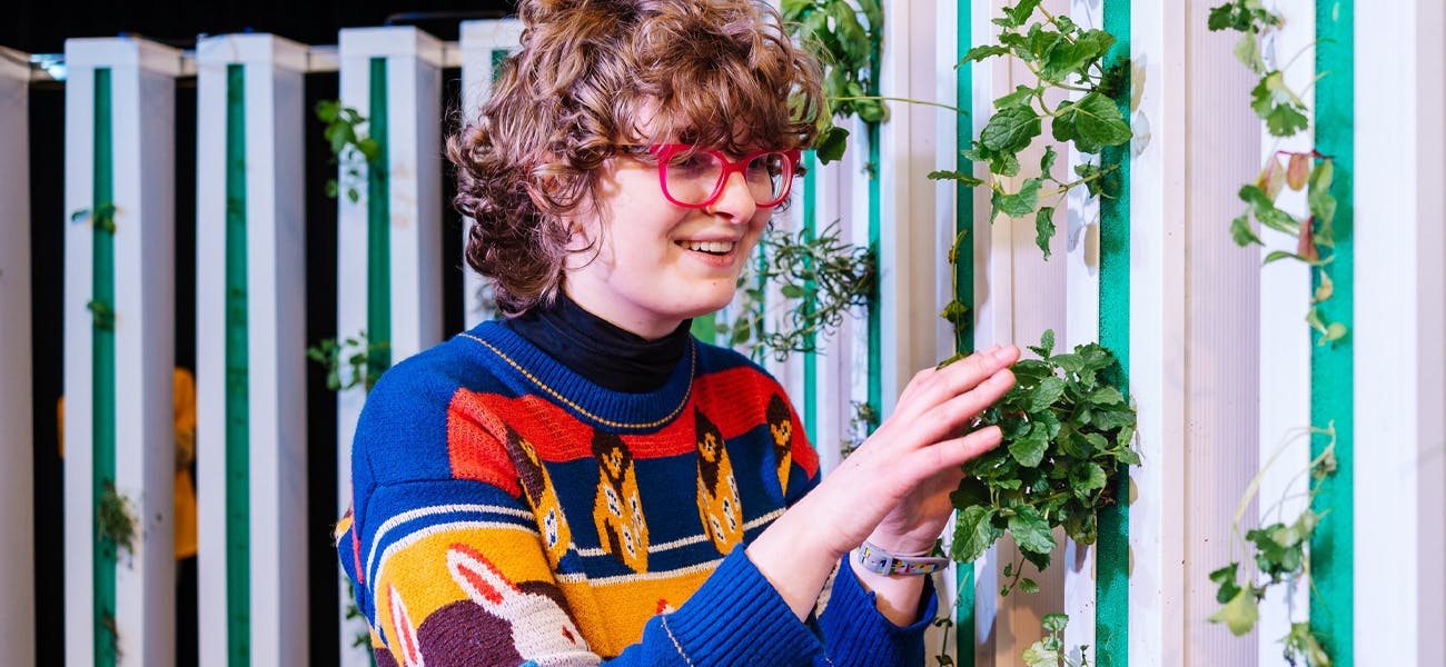 A person in a brightly-coloured jumper looks at plants in a green wall installation