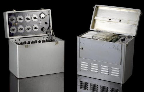 Vintage EEG machines - two silver coloured boxes with switches and dials