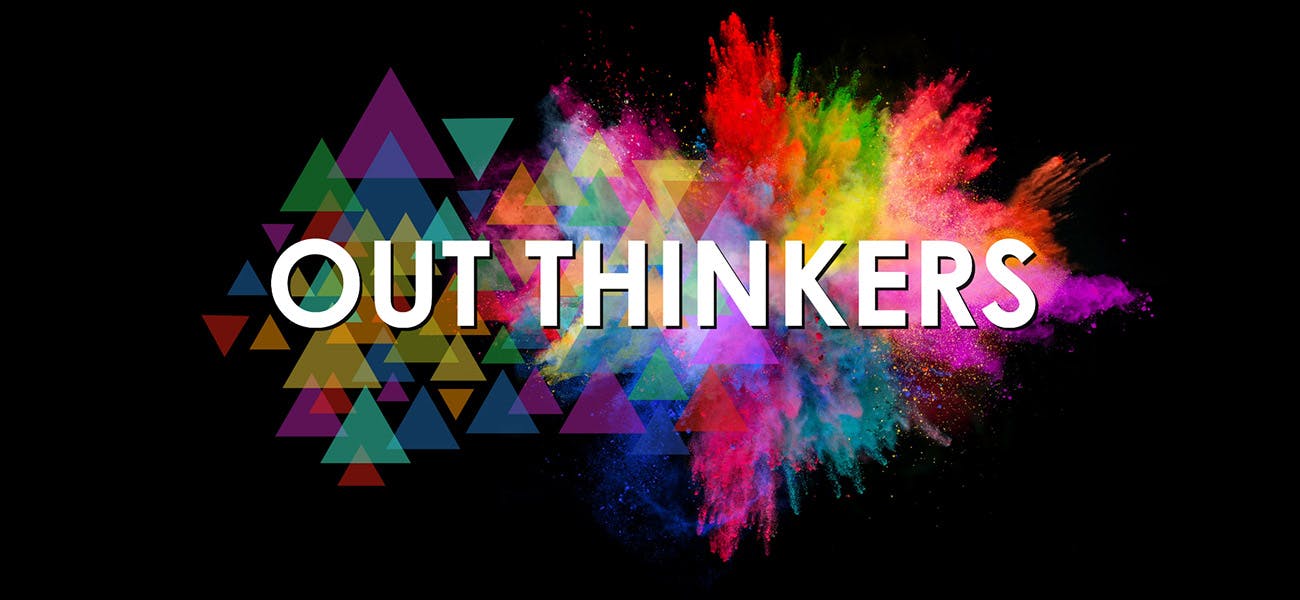 Out Thinkers logo with colourful powder and shapes exploding behind it