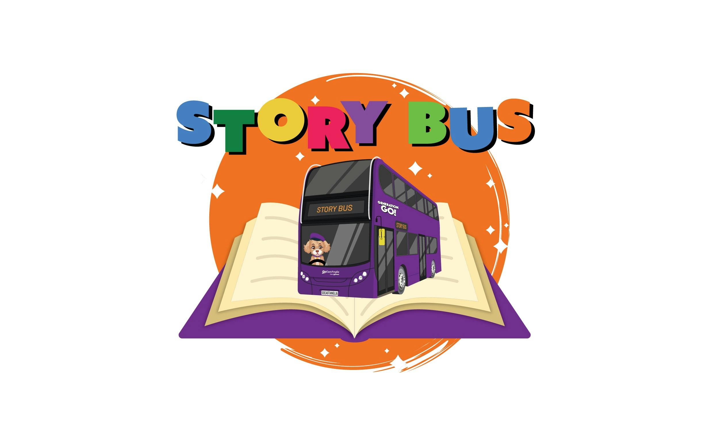 Image of a dog driving a purple bus across an open book.