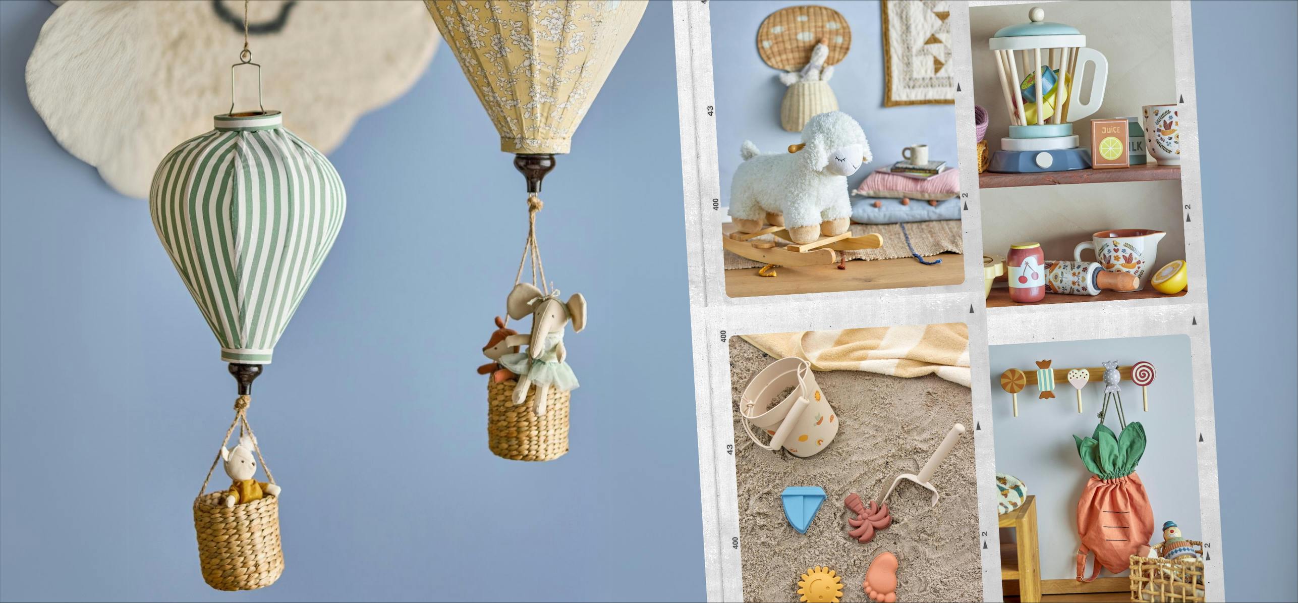 A selection of children's room decorations with soft colours including toys.