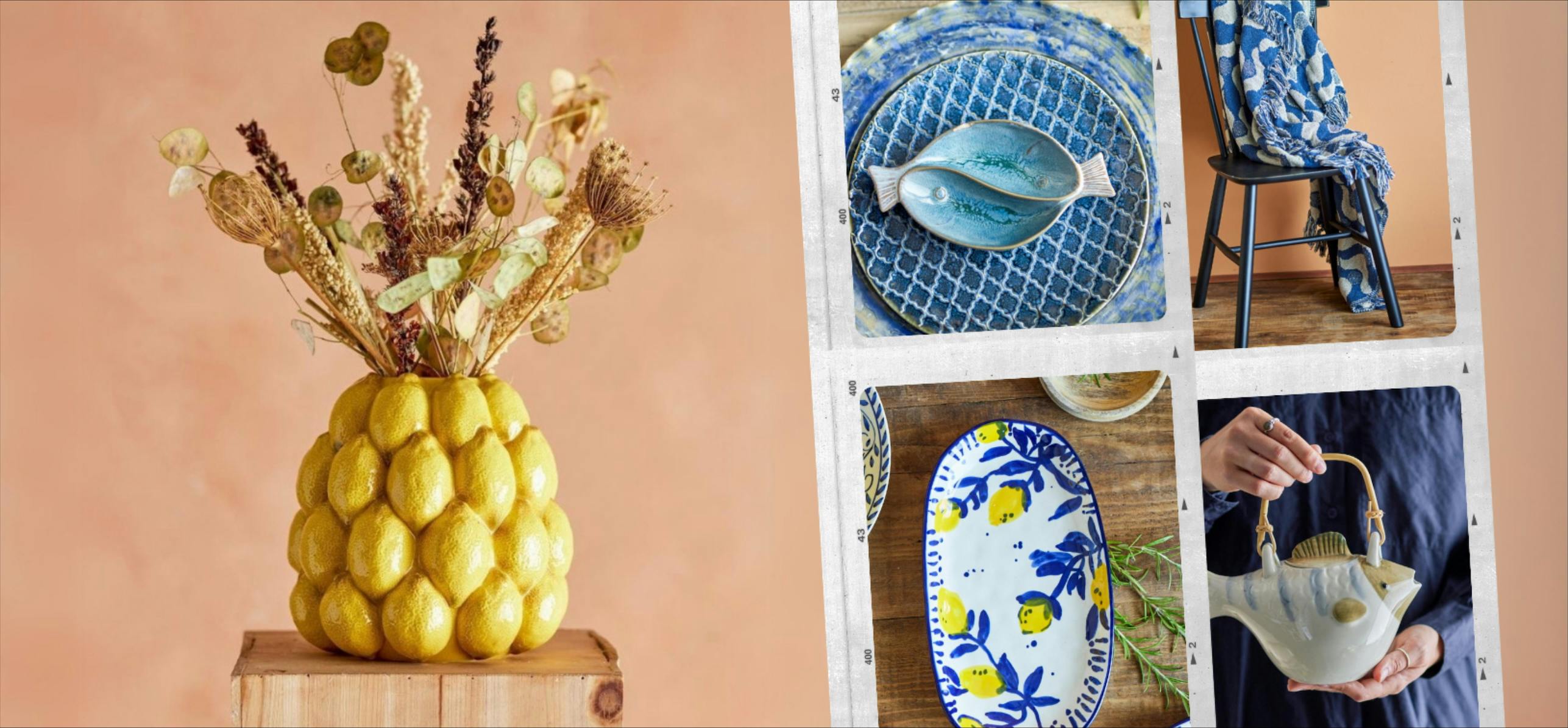 Colourful ceramics in yellow and blue.