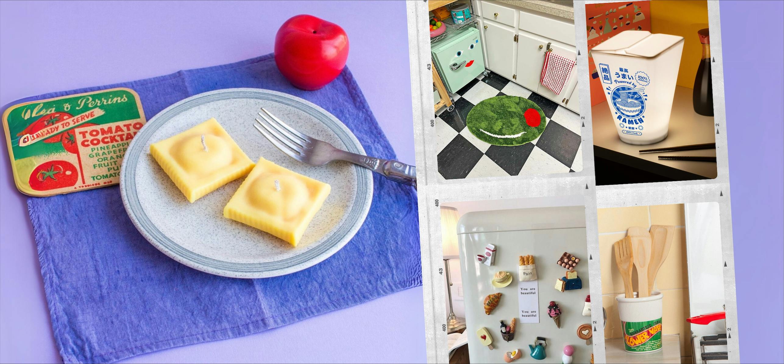 Miniature food ornaments, food fridge magnets and pasta candles