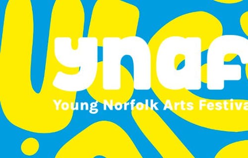 A blue and yellow abstract banner with the Young Norfolk Arts Festival logo and dates 1-10 July 2022