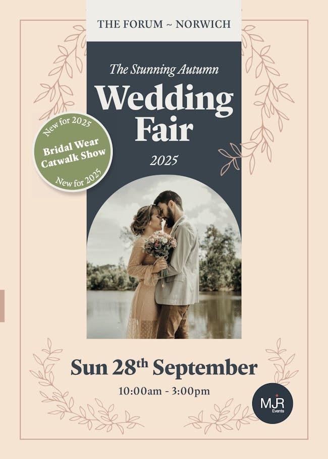 The Studding Autumn Wedding Fair poster with a bride and groom wearing modern wedding dress and suit in earthy colours.
