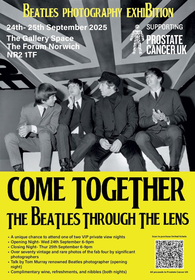 A poster with a black and white photograph of The Beatles next to a Union Jack Flag.