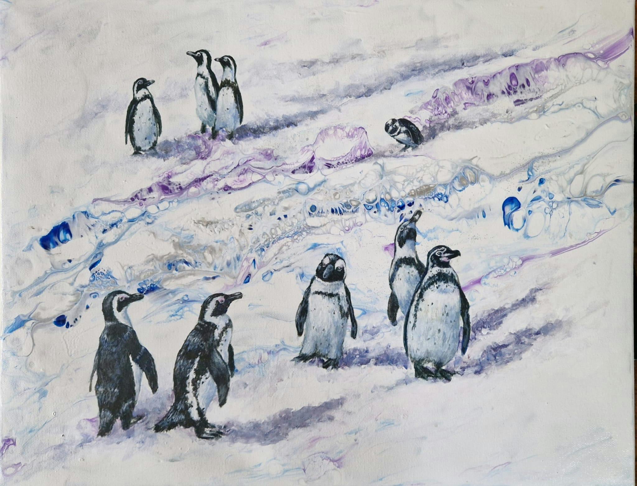 Acrylic painting of a group of penguins.
