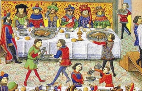 Illustration of a medieval banquet.