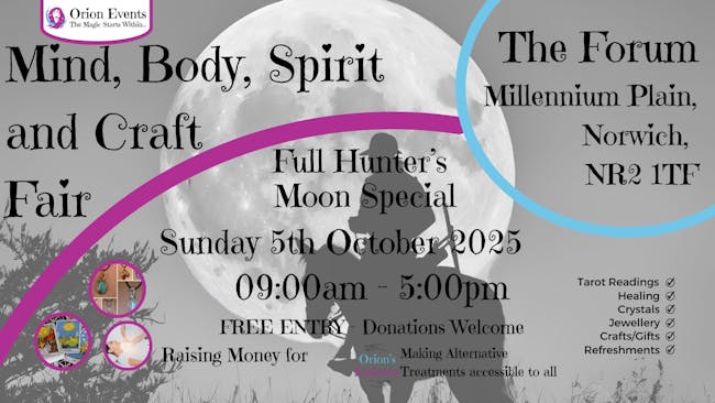 A silhouette of someone on top of a horse in black and white, with information about the Mind, Body, Spirit and Craft Fair.