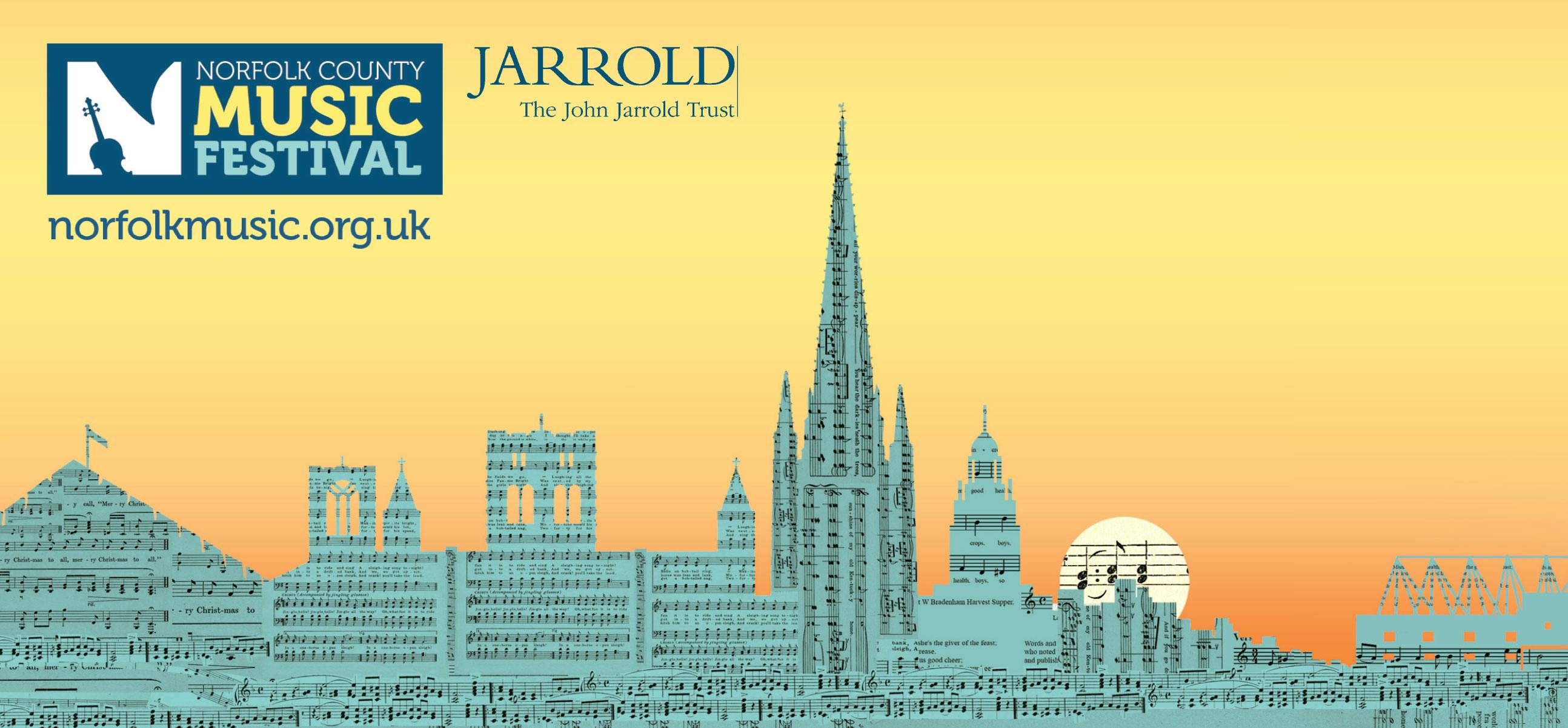 The Norwich skyline at sunset created with music scores.