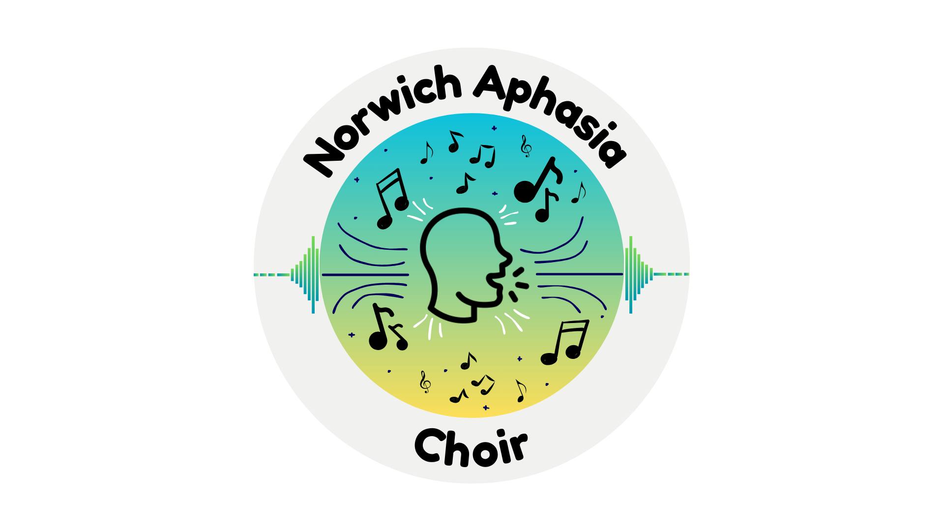 Norwich Aphasia Choir logo showing a outline of a face in profile singing musical notes.